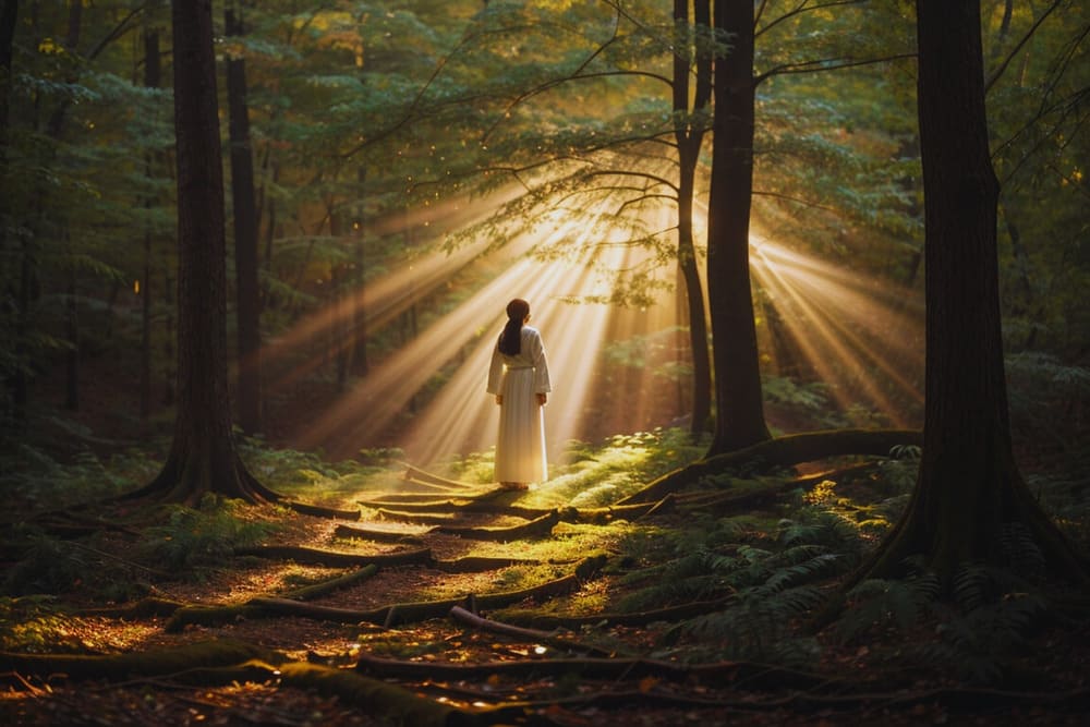 A imagem retrata um cenário natural, uma densa floresta em que os raios do sol penetram pelas folhas das árvores. A luz solar parece mágica, criando um efeito etéreo à medida que brilha através das folhagens, lançando reflexos dourados no chão da floresta. A atmosfera é serena e tranquila, com a luz quente do sol criando uma aura especial ao redor das árvores. No centro da imagem, uma pessoa está posicionada de costas para o observador. A pessoa veste roupas brancas, que contrastam com o cenário verde da floresta. Sua postura sugere introspecção e contemplação. A pessoa está imersa na cena, em um momento de profunda aceitação ou reflexão sobre a vida e seu processo de luto (morte de alguém querido). Em resumo, a imagem captura a beleza da luz na natureza e a conexão emocional de uma pessoa com esse cenário, evocando um sentimento de tranquilidade e aceitação em meio à paisagem deslumbrante da floresta.