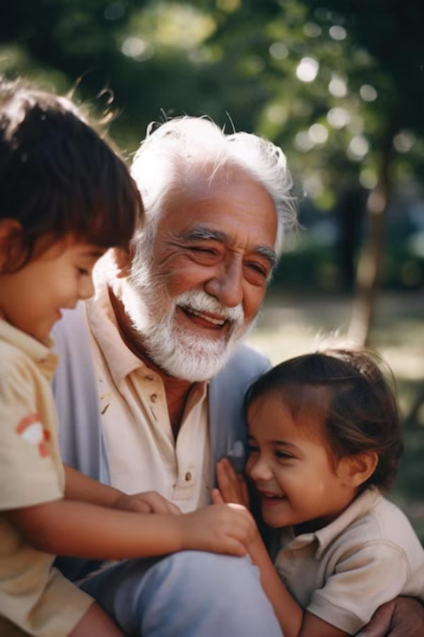 Senhor idoso sorridente com duas crianças no colo, em um momento de carinho e afeto ao ar livre, simbolizando a segurança e o cuidado com a família garantidos por um plano funeral familiar em Cotia.