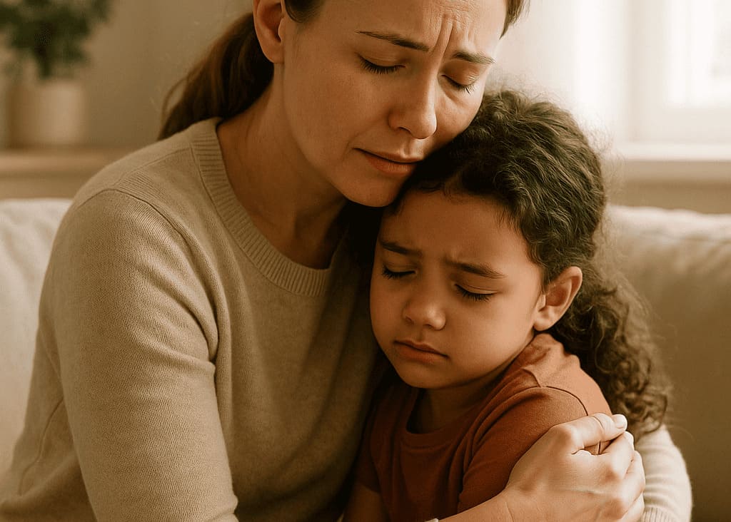 Adulto abraçando uma criança em um ambiente acolhedor, transmitindo apoio emocional, cuidado e segurança durante o processo de luto infantil.