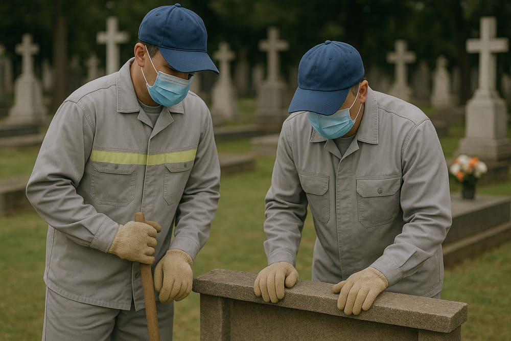 Profissionais de serviço funerário realizando preparo discreto para procedimento de exumação em cemitério