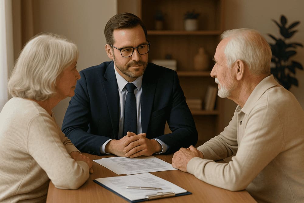 Consultor Assistencial olhando nos olhos de idoso durante reunião com casal, em escritório acolhedor, para planejamento de assistência funeral para idosos.