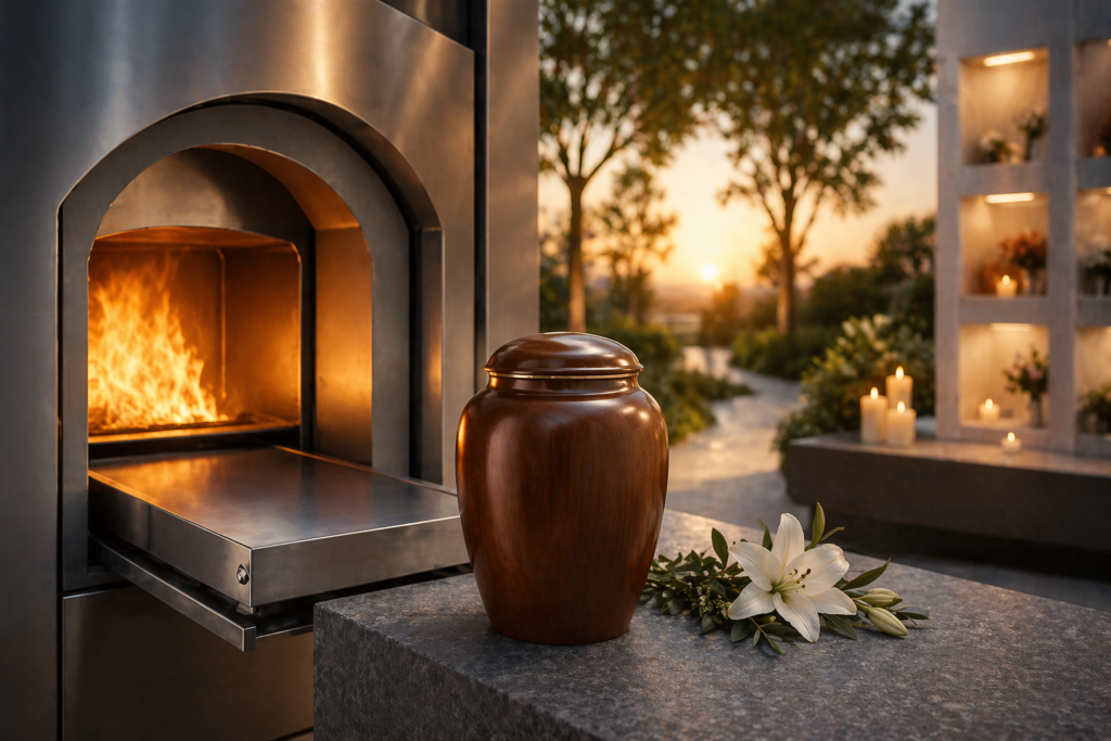 Urna funerária ao lado de forno de cremação aceso em ambiente sereno com velas e flores ao pôr do sol