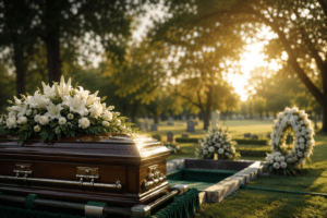 Arranjo de flores brancas e lanterna sobre túmulo em cemitério ao pôr do sol, representando um momento de sepultamento.